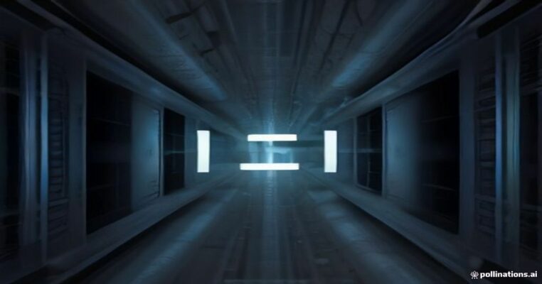 Dim blue data-center corridor with a glowing white symbol in the center, formed by horizontal and vertical bars.