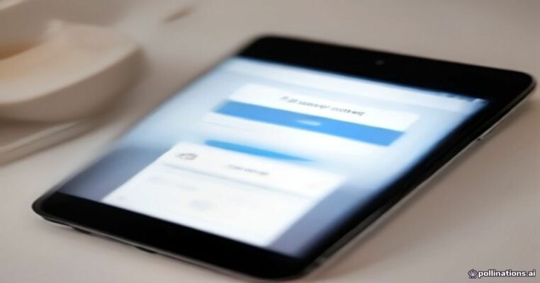 Blurred smartphone on a white table displaying a login form with a blue 'Sign in' button area.