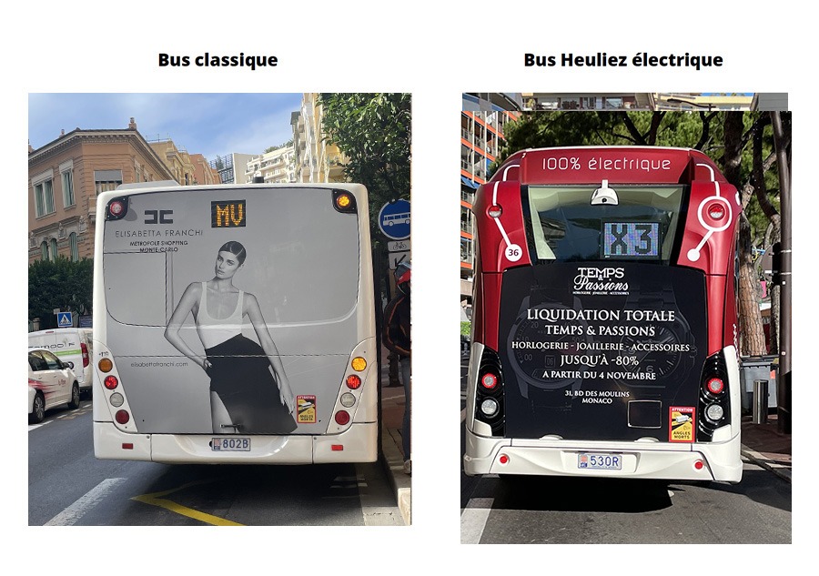 Two rear-view buses on a city street: left is a white standard bus with a fashion ad; right is a red 100% electric bus with promotional text.